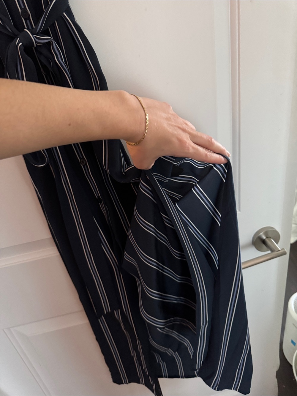 Club Monaco Navy and White Striped Maxi Shirt Dress with Tie - Picture 3 of 4